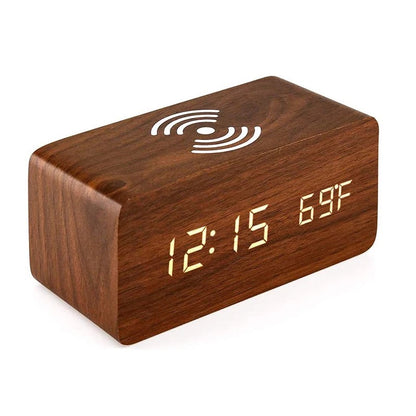 Digital LED Wooden Alarm Clock with Wireless Charging