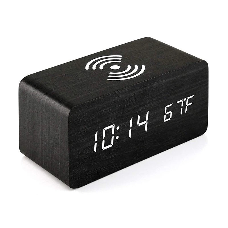 Digital LED Wooden Alarm Clock with Wireless Charging