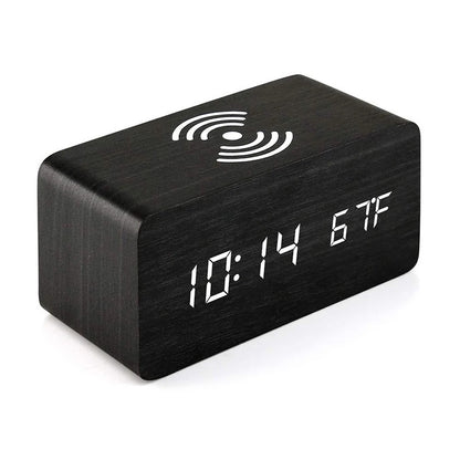 Digital LED Wooden Alarm Clock with Wireless Charging