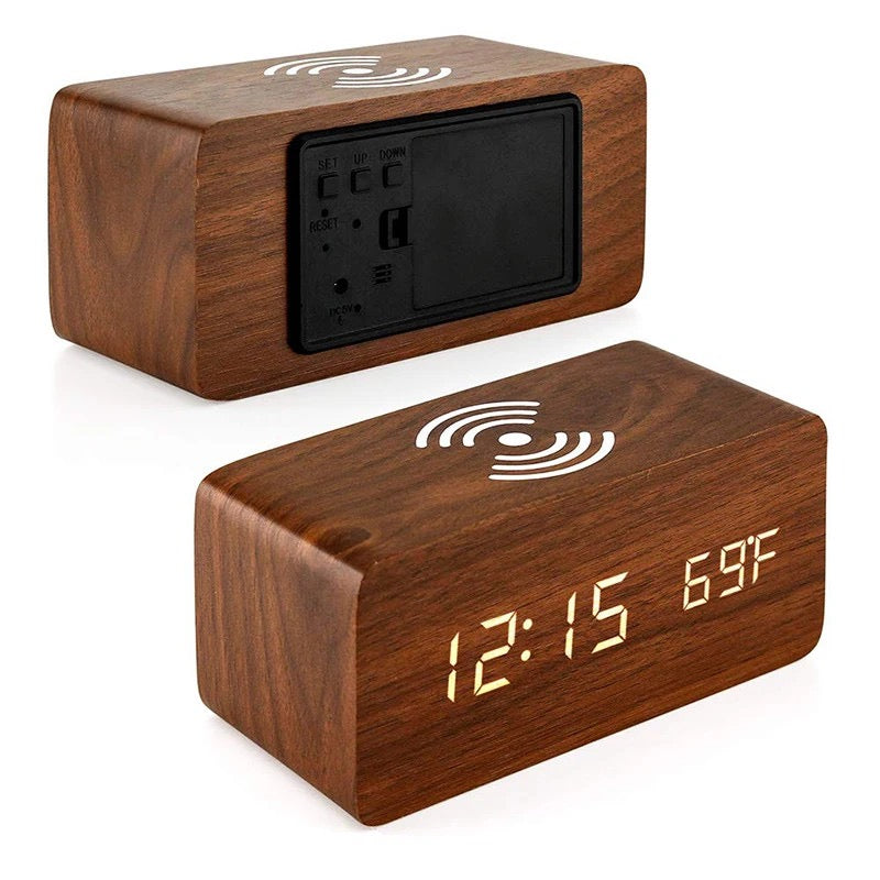 Digital LED Wooden Alarm Clock with Wireless Charging