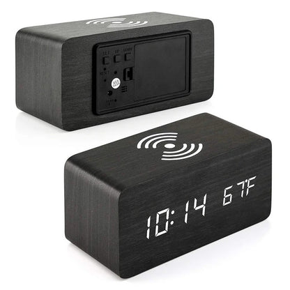 Digital LED Wooden Alarm Clock with Wireless Charging
