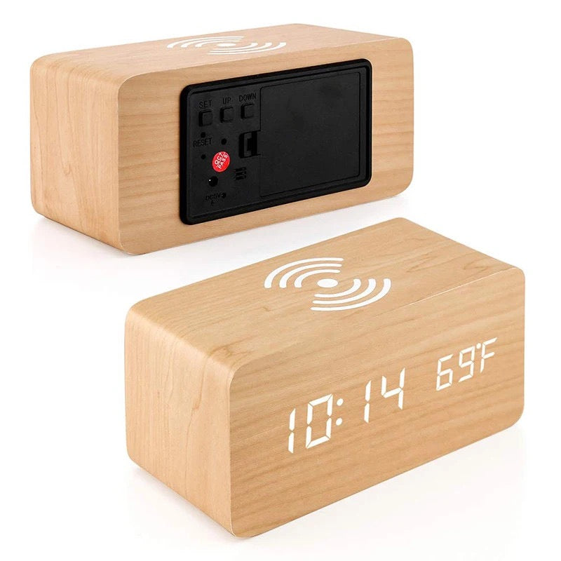 Digital LED Wooden Alarm Clock with Wireless Charging