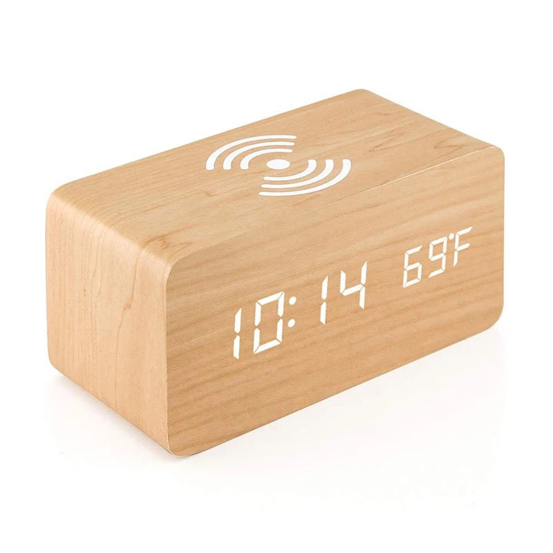 Digital LED Wooden Alarm Clock with Wireless Charging