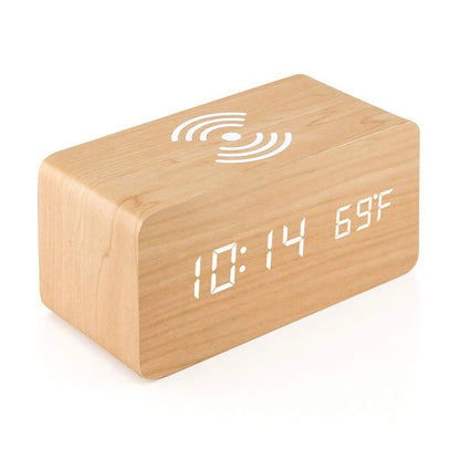 Digital LED Wooden Alarm Clock with Wireless Charging