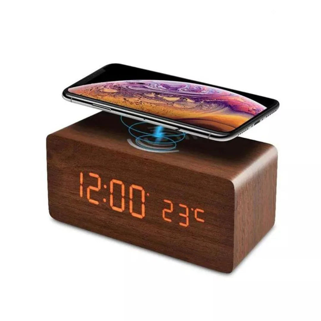 Digital LED Wooden Alarm Clock with Wireless Charging