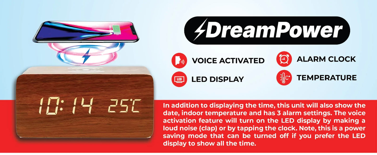 Digital LED Wooden Alarm Clock with Wireless Charging