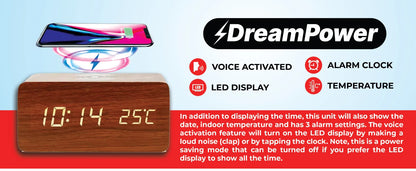 Digital LED Wooden Alarm Clock with Wireless Charging