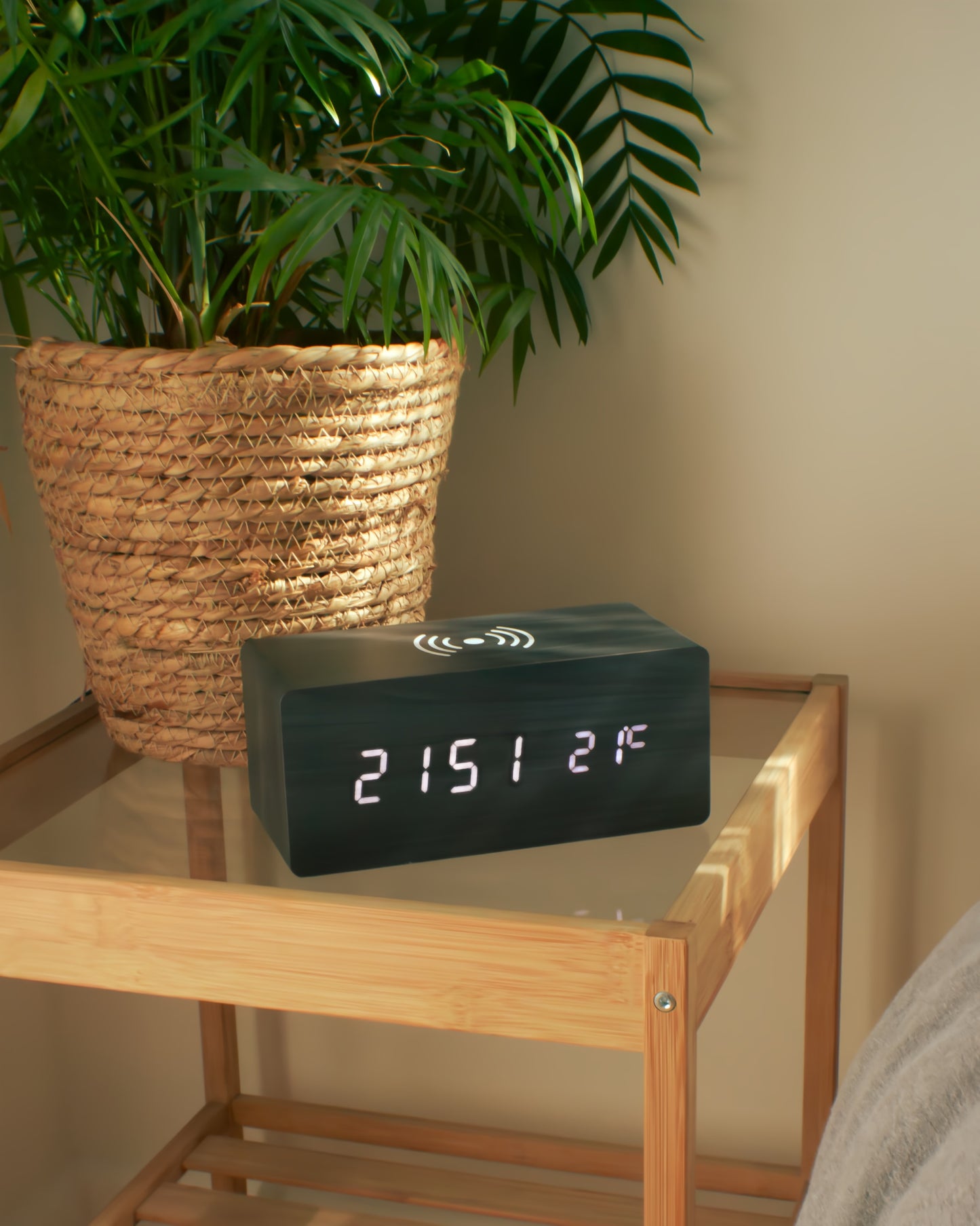 Digital clock on a wooden shelf with a plant in the background